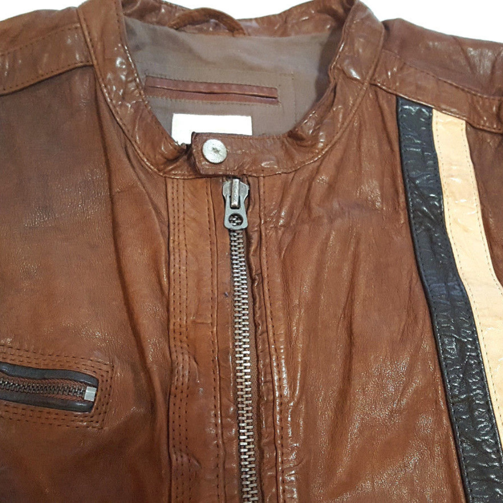 Diesel Brown Leather Jacket with Black and Cream Stripes